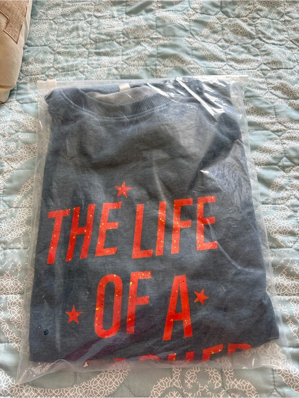 Women’s Crewneck Sweatshirt in Heather Blue with Orange Text